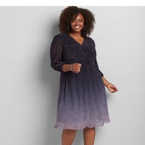 Lane Bryant 16 Midi Dress Metallic Ombre Long Sleeves Navy Purple V-neck NEW 16w